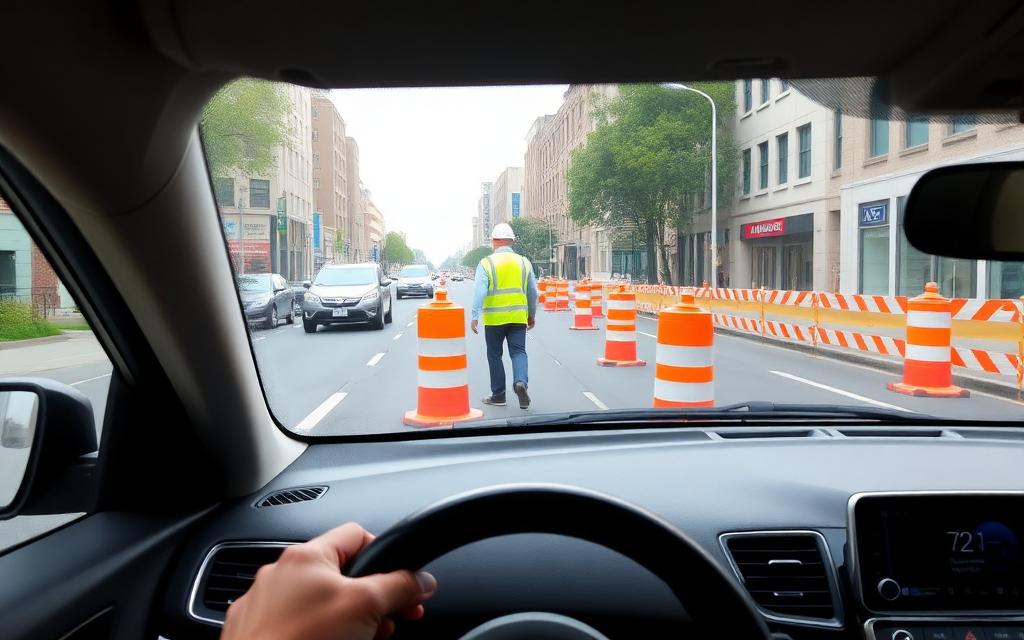Construction zone with worker on roadway