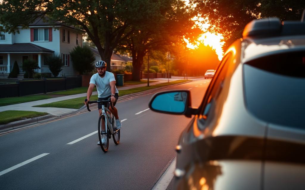 Cyclist alongside vehicle at sunset