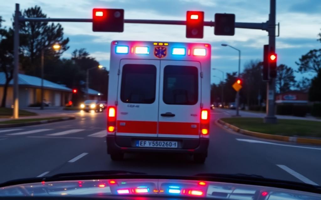 Emergency vehicle ahead with lights active