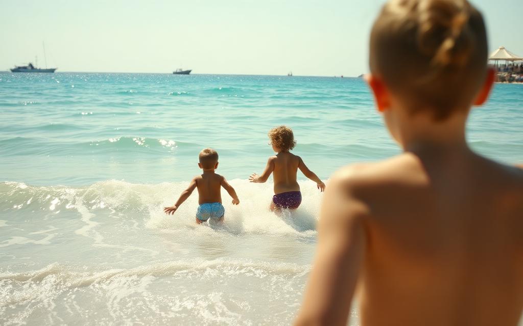 Kids sprinting into the waves