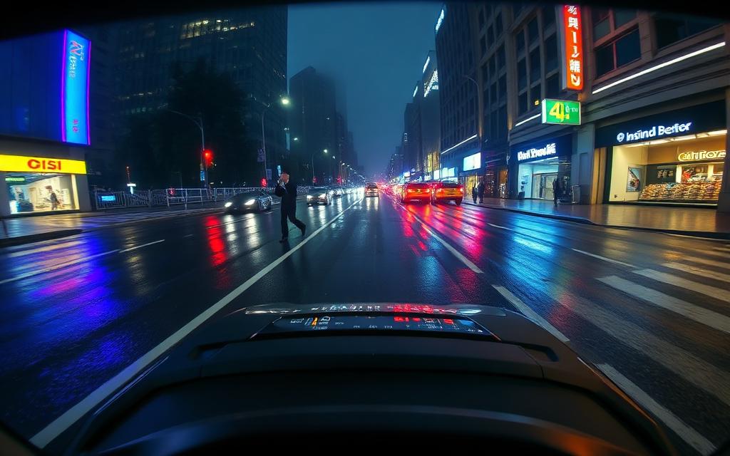 Pedestrian crossing on wet pavement