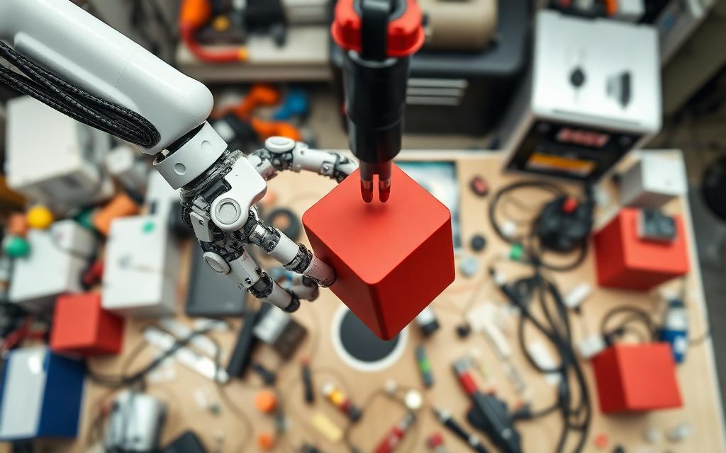 Robot arm grasping red cube from clutter
